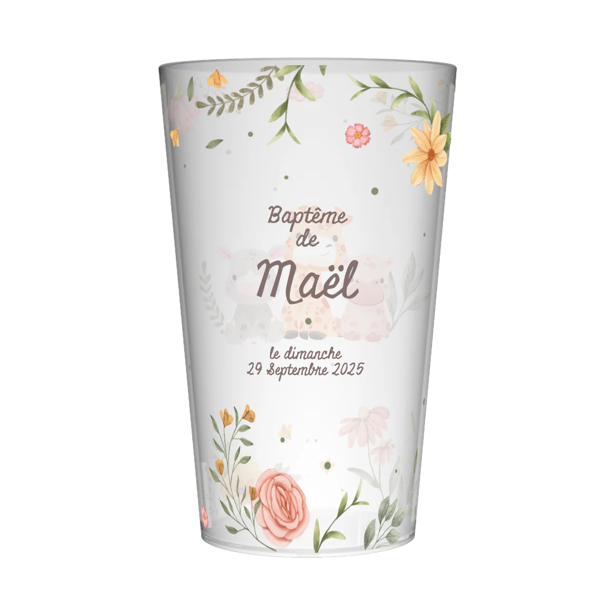 Gobelet personnalisé Baptême Animaux & Fleurs